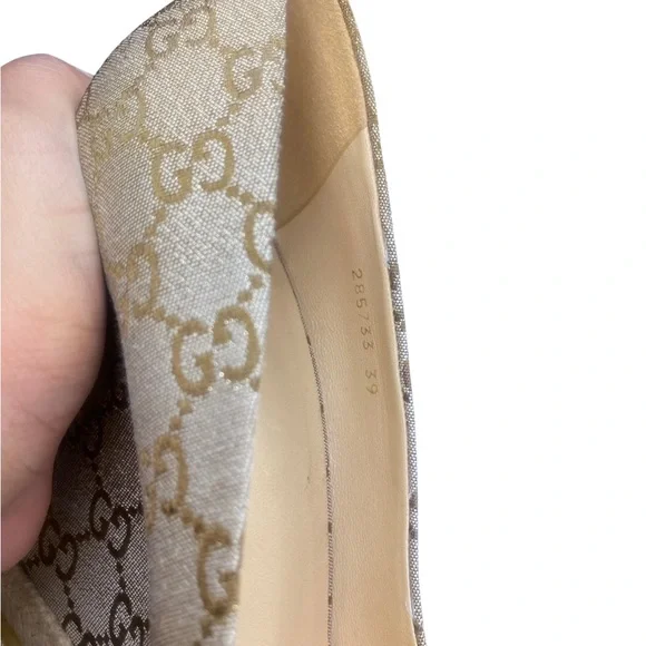 Gucci GG Canvas Charlotte Horsebit Wedge Espadrille Peep Toe Pumps  Size EU 39 - Picture 10 of 11